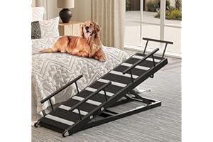 CRESO HOM Dog Ramp for Bed, 63" Pet Ramp for Adjustable Hight, Dog Ramps for Large Dogs with Anti-Slip Carpet and Safety Rails, Dog Car Ramp with Wheel for Small, Large, Old Dogs Up to 180 Lbs, Black