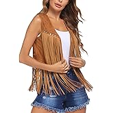 HOTLOOX Womens Fringe Vest 70s Hippie Clothes Sleeveless Faux Suede Tassel Cowgirl Western Outfits S-XXL