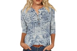 QWKLEAJ Casual Tops for Women 3/4 Length Sleeve Summer Crew Neck Tshirts Flower Printing Loose Casual Blouses