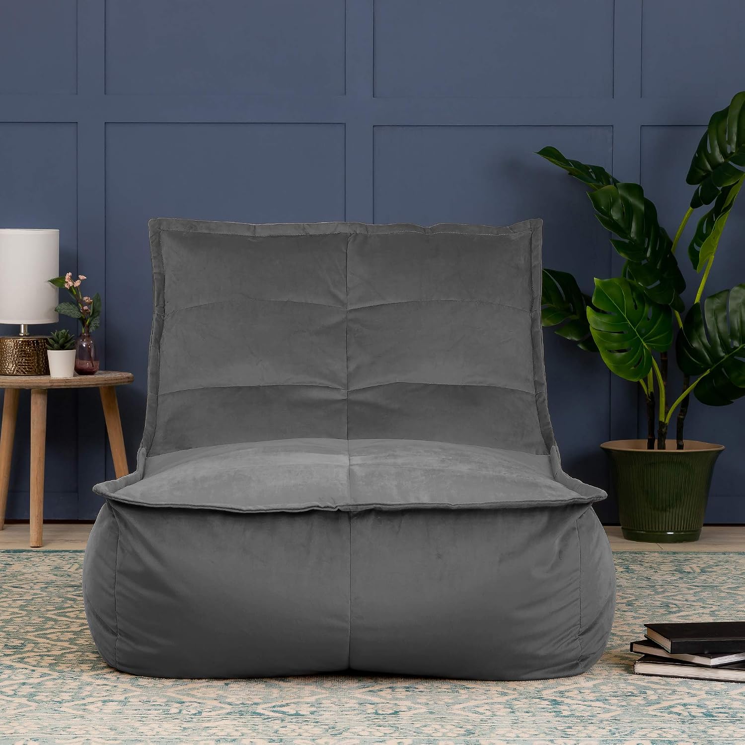 icon Dolce Velvet Lounge Bean Bag Chair, Charcoal Grey, Large Adult Bean Bag with Filling Included, Accent Chair, Living Room - Image 3