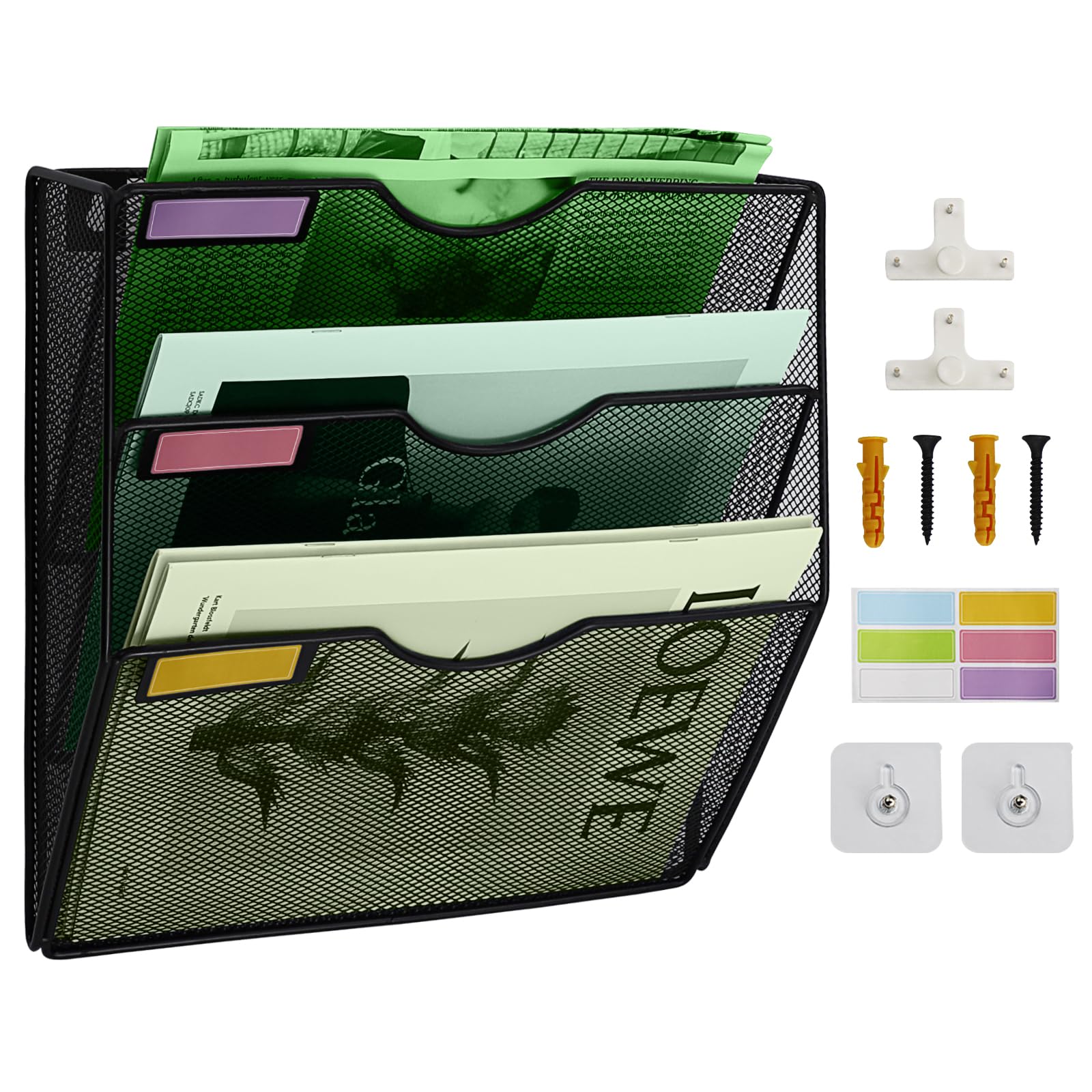 IOUGDSEC 3 Tier Mesh Hanging File Organizer Vertical Wall File Organizer Wall File Holder for Office School Home, Nametag Label Hooks Set Included