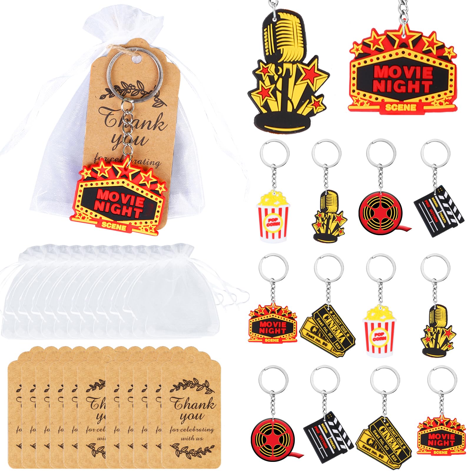 Balterever Movie Night Party Favour Keychains – 12-Pack Popcorn & Clapboard Theme Key Rings, Fun Movie Night Birthday/Holiday Party Gifts for Guests