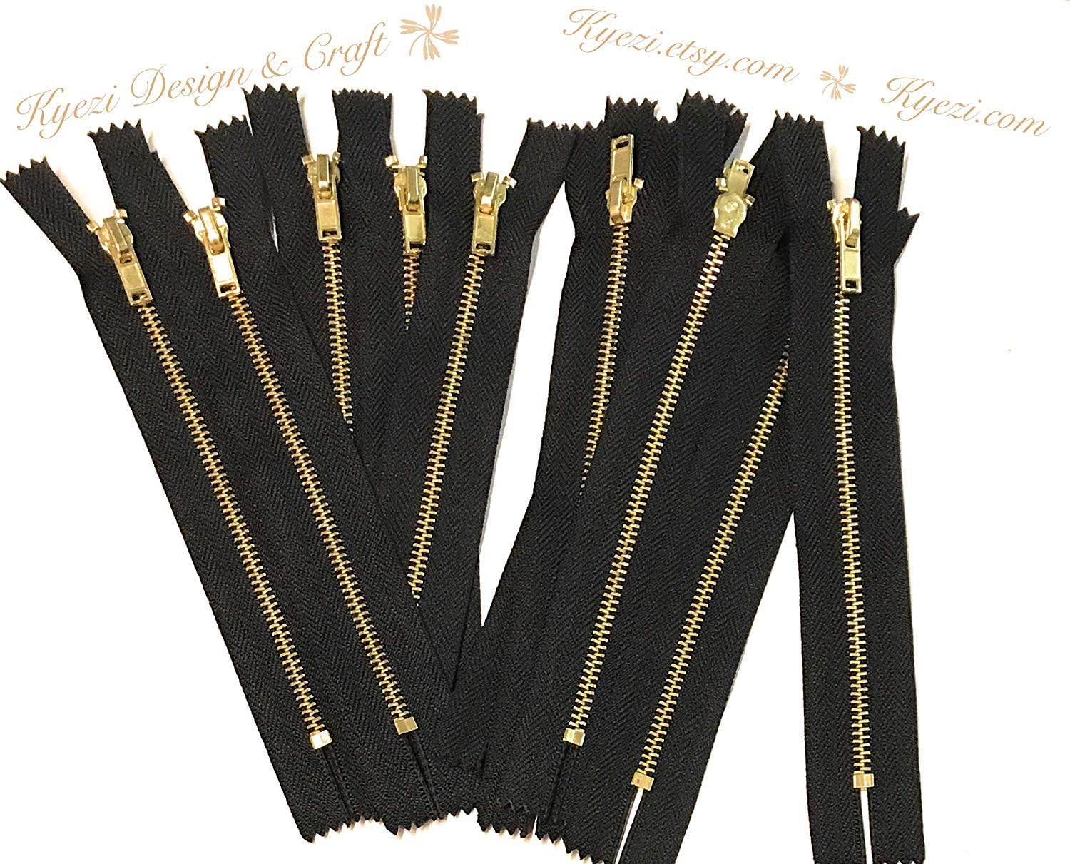 10 pcs 3 inch Black Metal Teeth Zippers, Brass Gold Teeth