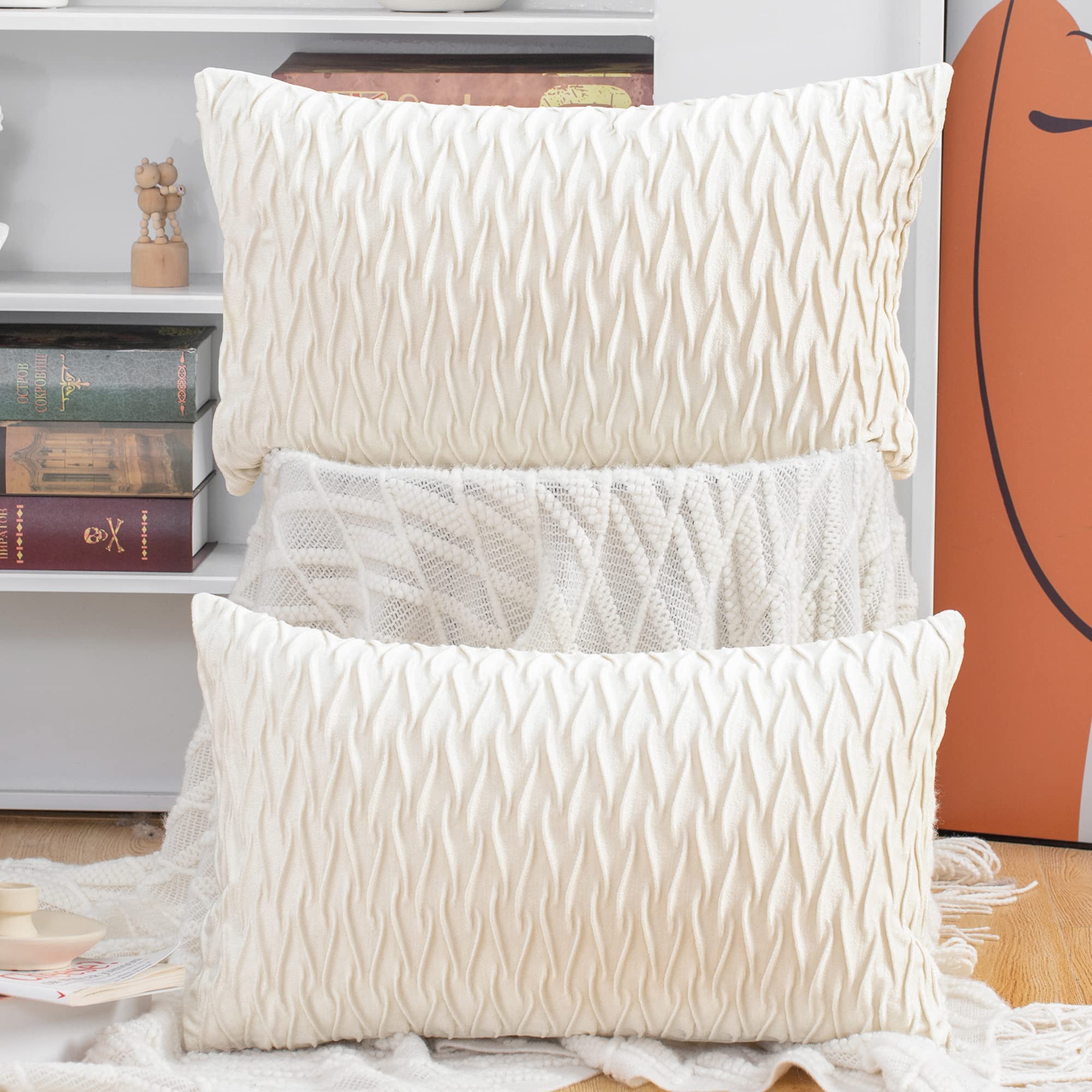 Madizz Pack of 2 Super Soft Velvet Decorative Cushion Covers with Texture Luxury Style Throw Pillow Cases Pillow Shell for Sofa Bedroom Square White 16x24 inch