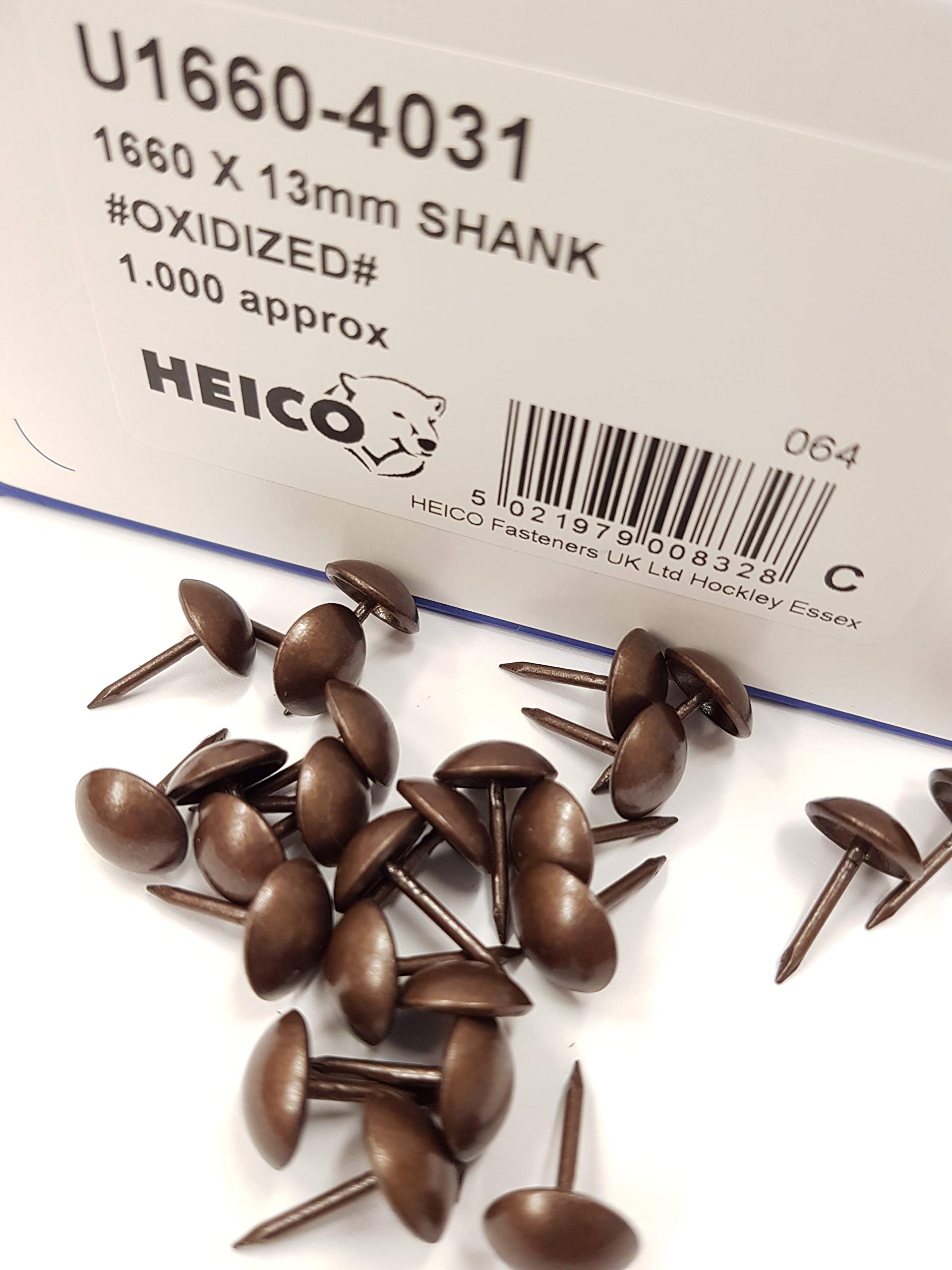 1000 Antique on Steel Oxidized Upholstery Nails Genuine Heico in Branded Box. 1 Centimetre Diameter Studs