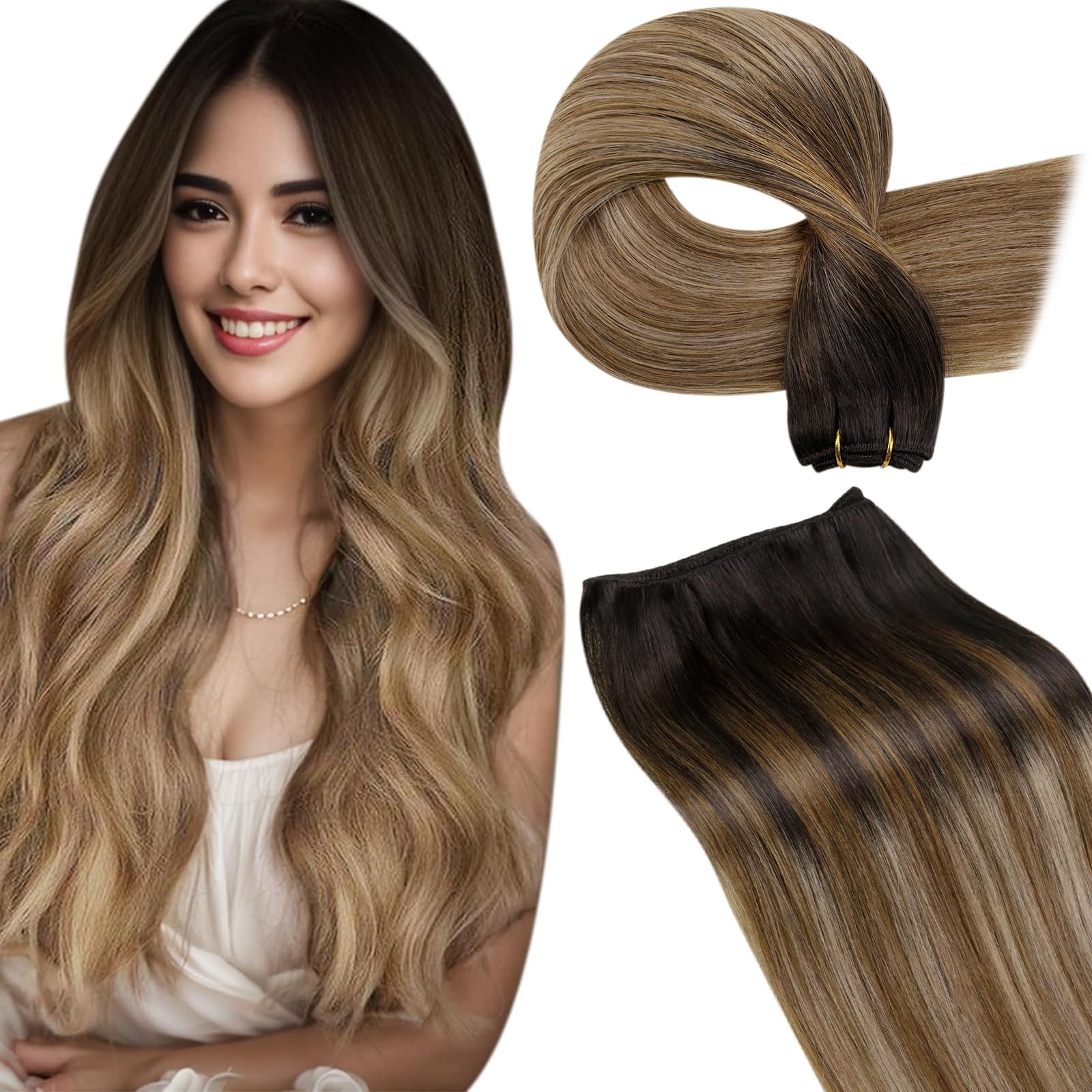 LaaVoo Weft Hair Extensions Real Human Hair Brown Sew in Hair Extensions 100g 24 Inch Full Head Straight Remy Balayage Dark Brown to Blonde Invisible Double Weft Weave #2/6/18 — image 1