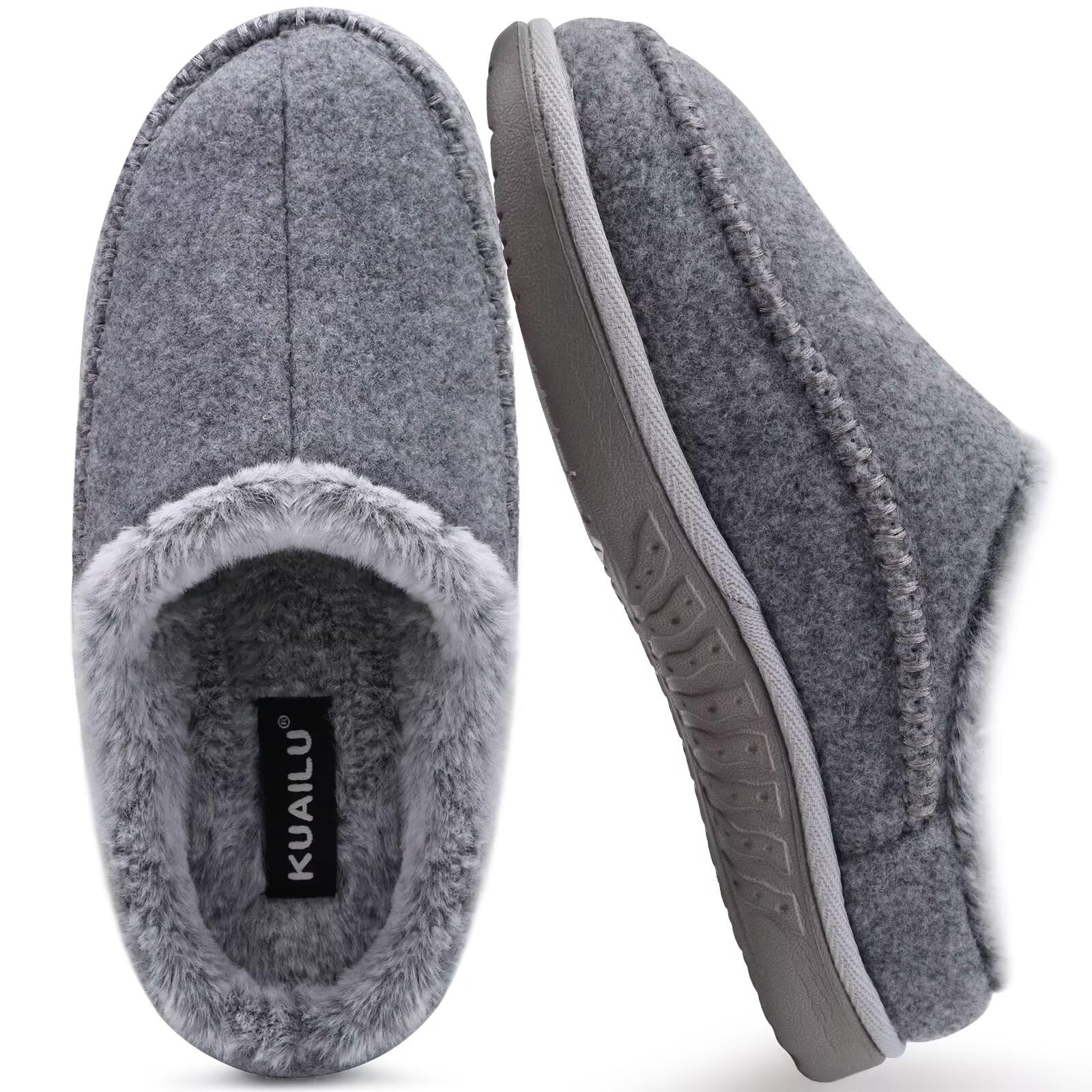 Photo 1 of KuaiLu Mens Clog Slippers with Comfy Arch Support Orthotic Plantar Fasciitis Memory Foam Slippers for Men Winter Fluff Faux Fur Slip on Felt Houes Shoes Hard Rubber Sole Grey Size 14