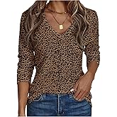 SOLY HUX Women's Leopard Print Top Long Sleeve V Neck Casual T Shirts Going Out Fall Tees