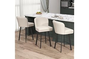SAECKBERG Swivel Counter Height Bar Stools Set of 3, 26'' Modern Barstools with Backs and Metal Legs, Upholstered Bar Chairs, Beige, Fabric Stools for Kitchen Island Chairs