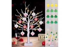 SAKAYO [Timer] Valentines Day Decor 24" Lighted Birch Tree with 24pcs Heart Shamrock Ornaments for Valentine's Day, St. Patrick's Day, USB/Battery Operated Valentines Tree Decorations for Home Table Bedroom