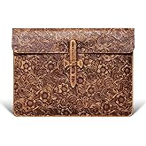 CPNVWA Genuine Leather Laptop Sleeve,Compatible with MacBook Pro 13 Inch M2 M1(2025-2016)&MacBook Air 13 Inch M4 M3 M2 M1(2025-2018),Vintage Protective Computer Case with Floral Pattern,Buckle Brown