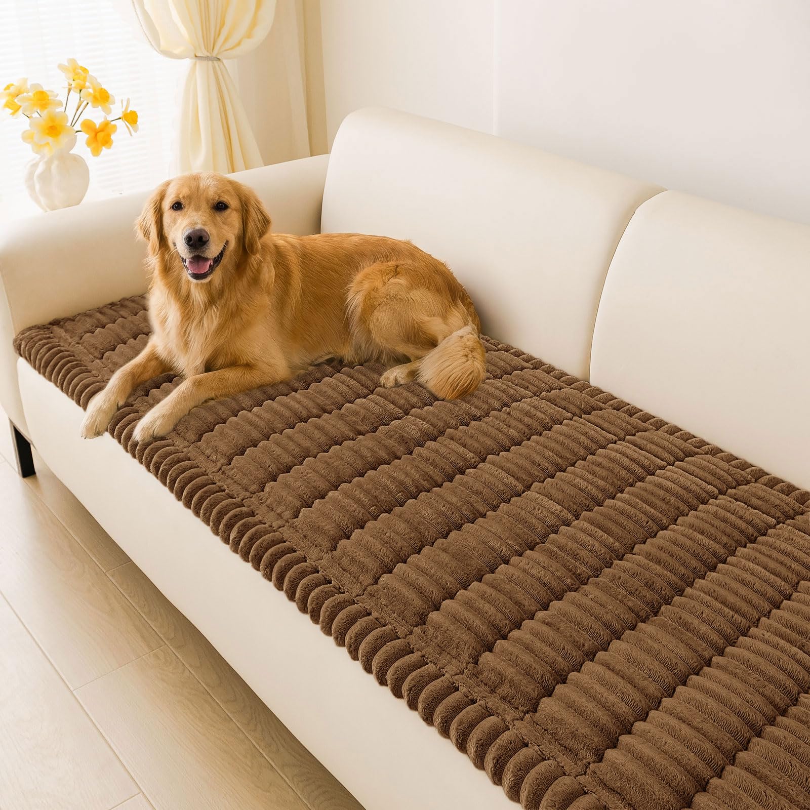 hyha Couch Covers for Dogs Washable, Non Slip Plush Dog Sofa Protectors, Fuzzy Pet Couch Covers for 3 Cushion Sofa Pet Friendly (Brown, 27.6" x 59") Image