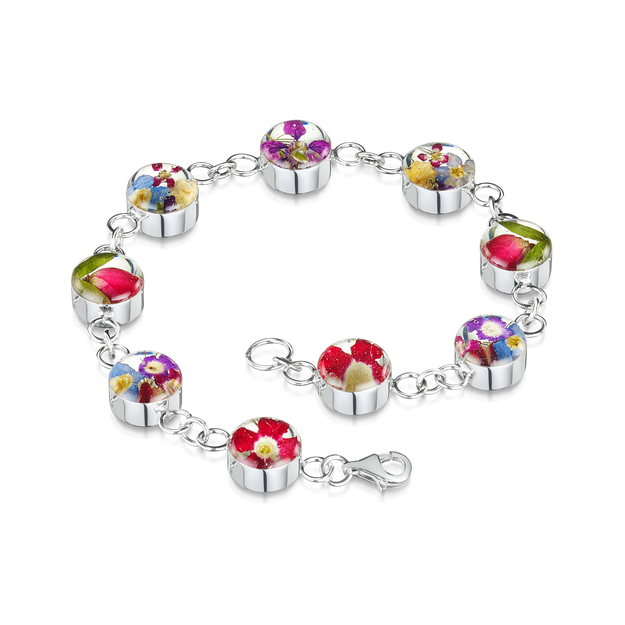Shrieking Violet 925 Sterling Silver Round Real Flower Link Bracelet - Assorted Flowers (Multicolour)