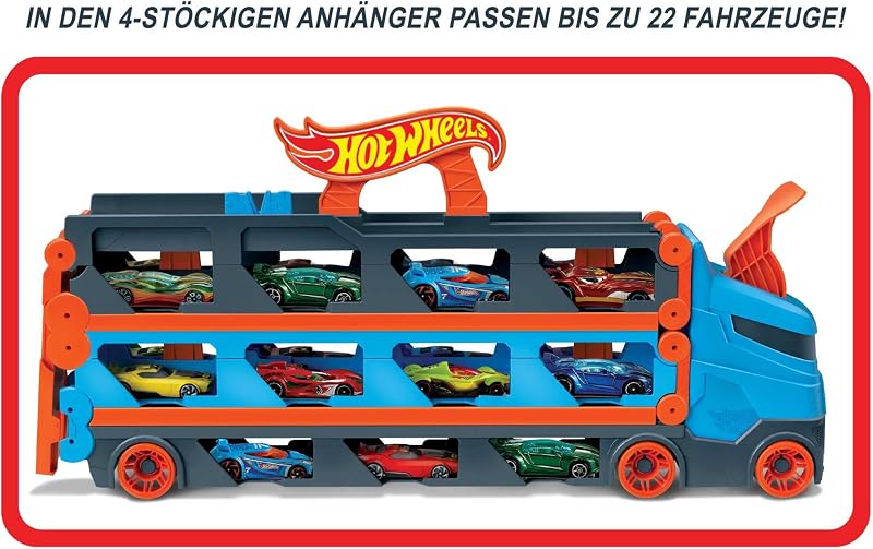 - 2:1 Autorennbahn zu Transporter, inkl. 3 Spielzeugautos, mit Doppelstarter, Auslösefunktion und Weiche, Platz für 20 Autos, Spielzeug ab 4 Jahre, HGH33