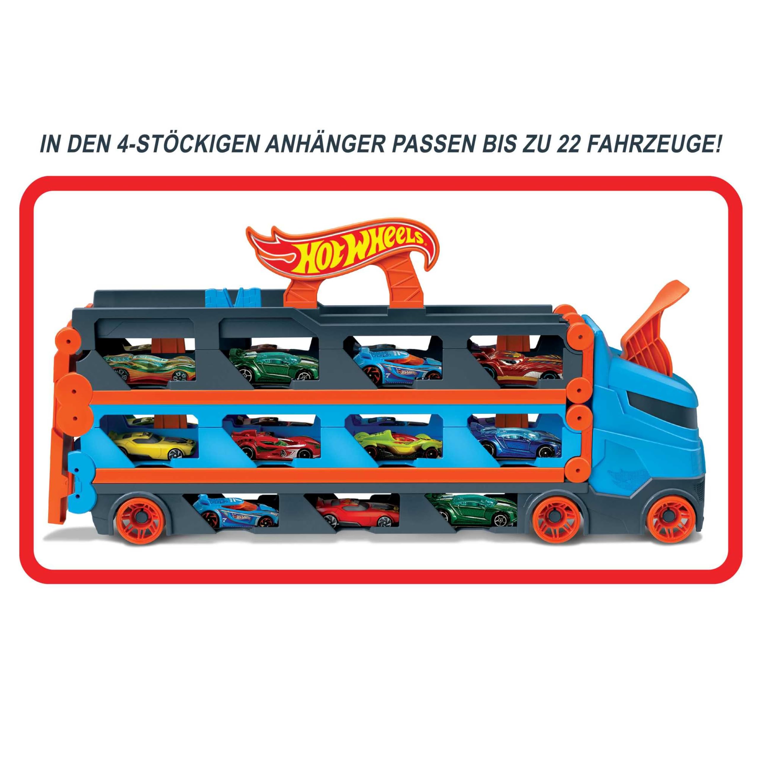 Hot Wheels - 2:1 Autorennbahn zu Transporter, inkl. 3 Spielzeugautos, mit Doppelstarter, Auslösefunktion und Weiche, Platz für 20 Autos, Spielzeug ab 4 Jahre, HGH33 5