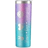 Onebttl Volleyball Gifts for Teen Girls & Team, Stainless Steel Kids Volleyball Tumbler, Double Wall Vacuum Insulated Bottle with Lid and Straw 20oz - Peace Love Volleyball (Glitter Purple Blue)