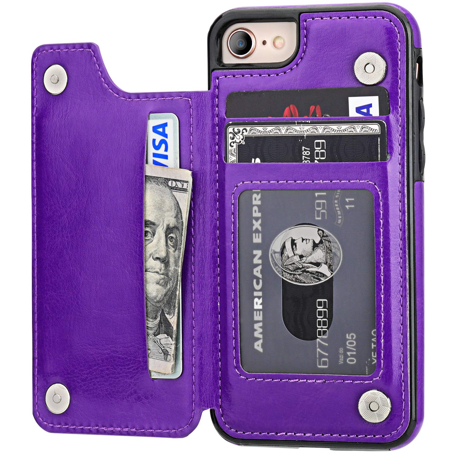 ONETOP for iPhone SE(2022) iPhone SE(2020) iPhone 7/8 Wallet Case with Card Holder, Premium PU Leather Kickstand Card Slots, Double Magnetic Clasp and Durable Shockproof Cover 4.7 Inch(Purple)