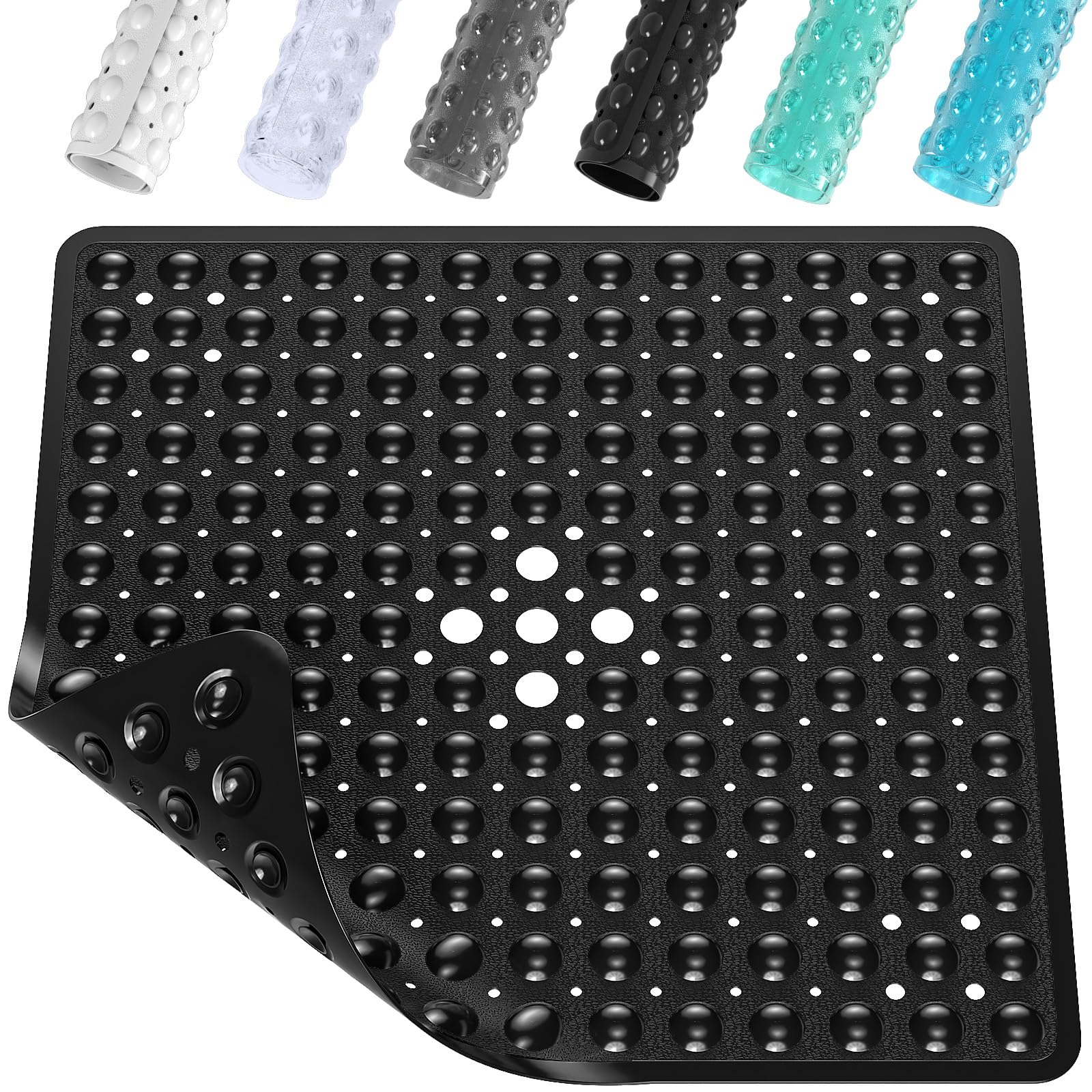XIYUNTE Shower Mat Non Slip Anti Mould - 53 x 53cm Square Bath Mat Non Slip Shower Mats for Inside Shower, Anti Slip Shower Mat with Strong Suction Cups & Drain Holes, Machine Washable, Black