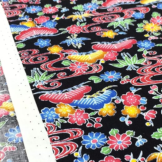 Amazon 生地 琉球柄 沖縄 紅型風 びんがた ブラック 布 布地 手芸 1ｍ単位 布 生地 通販