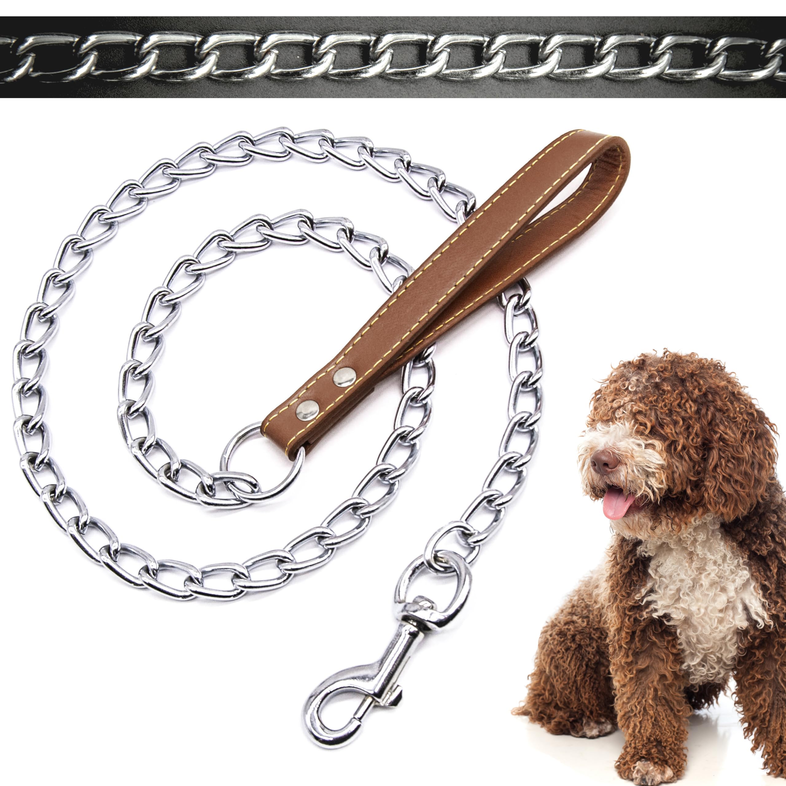 4ft (3mm) Premium DOG CHAIN with STRAP Chew Proof Dog Lead Hook Heavy Duty Outdoor Dog Camping Accessories Walking Dog Leashes Dog Chain Training Lead for Dogs (Brown, 3mm (120cm))