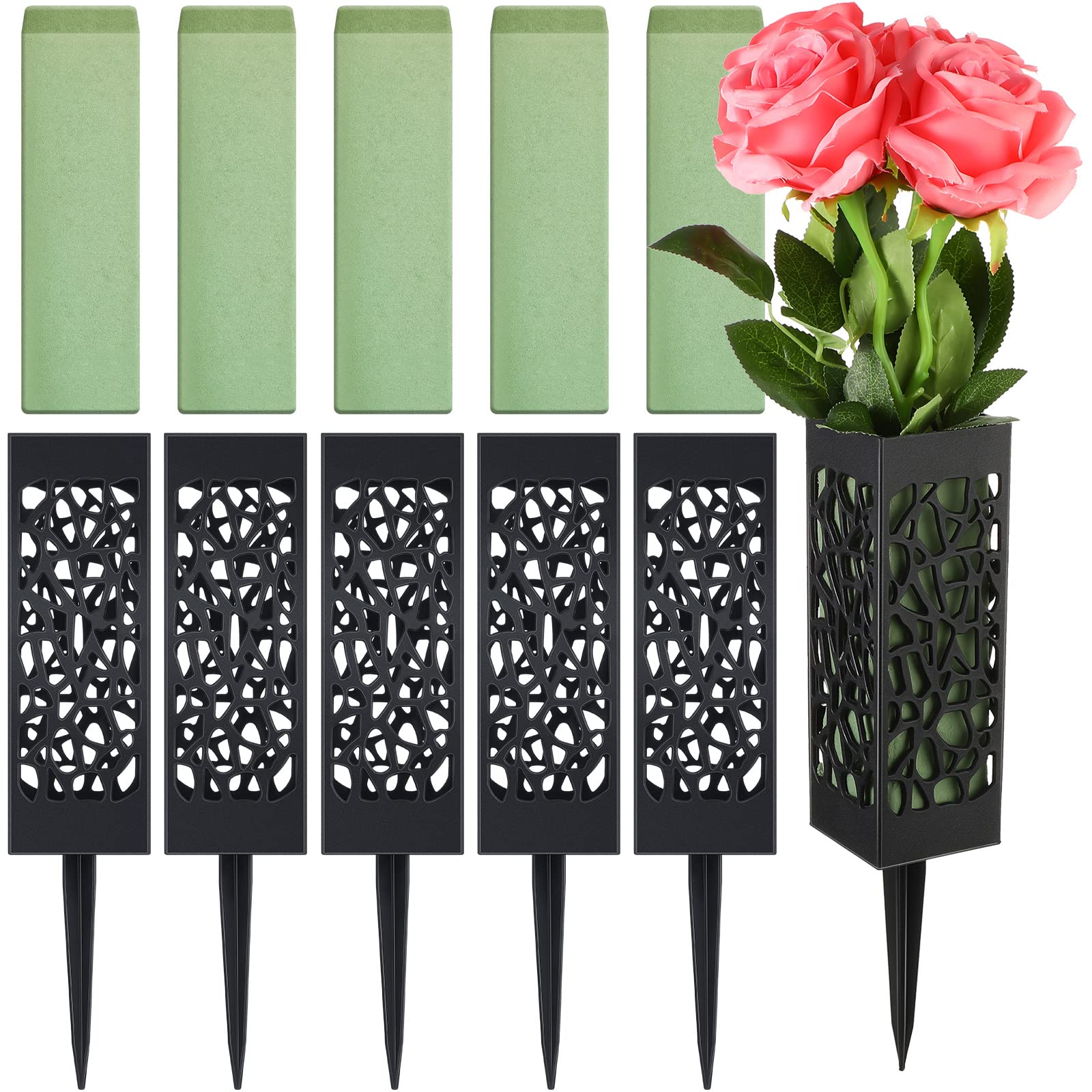 Photo 1 of 12 Piece Cemetery Vases with Foam Spikes Outdoor in Ground Vase for Cemetery Plastic Flower Holder Black Drainage Hole Gravestone Headstone Flower Vase for Human Grave Markers Floral Holder Decoration