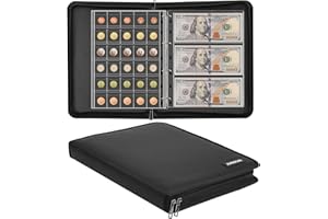 JUNDUN Coin Collection Book Holder for Collectors, 300 Pockets Fireproof Coins Collecting Album & 36 Sleeves Money Storage Case for Coin Currency Collection Supplies, Bill, Pennies, Quarters, Stamp