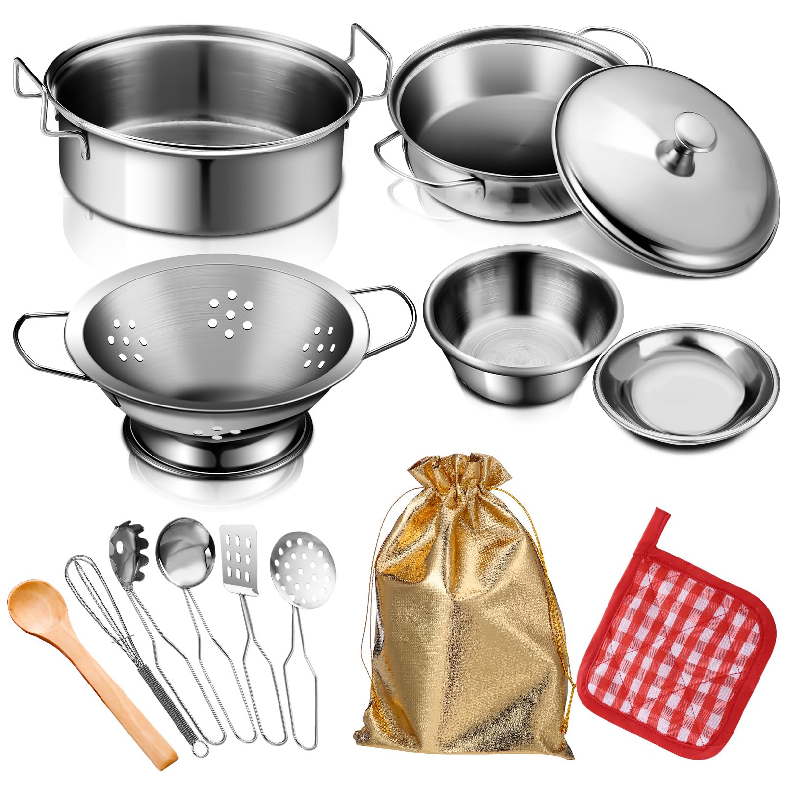 14 Pcs Toy Pots and Pans Set, Stainless Steel Pretend Cooking Utensils Cookware Toys, Mini Play Kitchen Accessories Soup Pot Pan Shovel Spoon with Golden Cloth Bag for Kids Toddlers