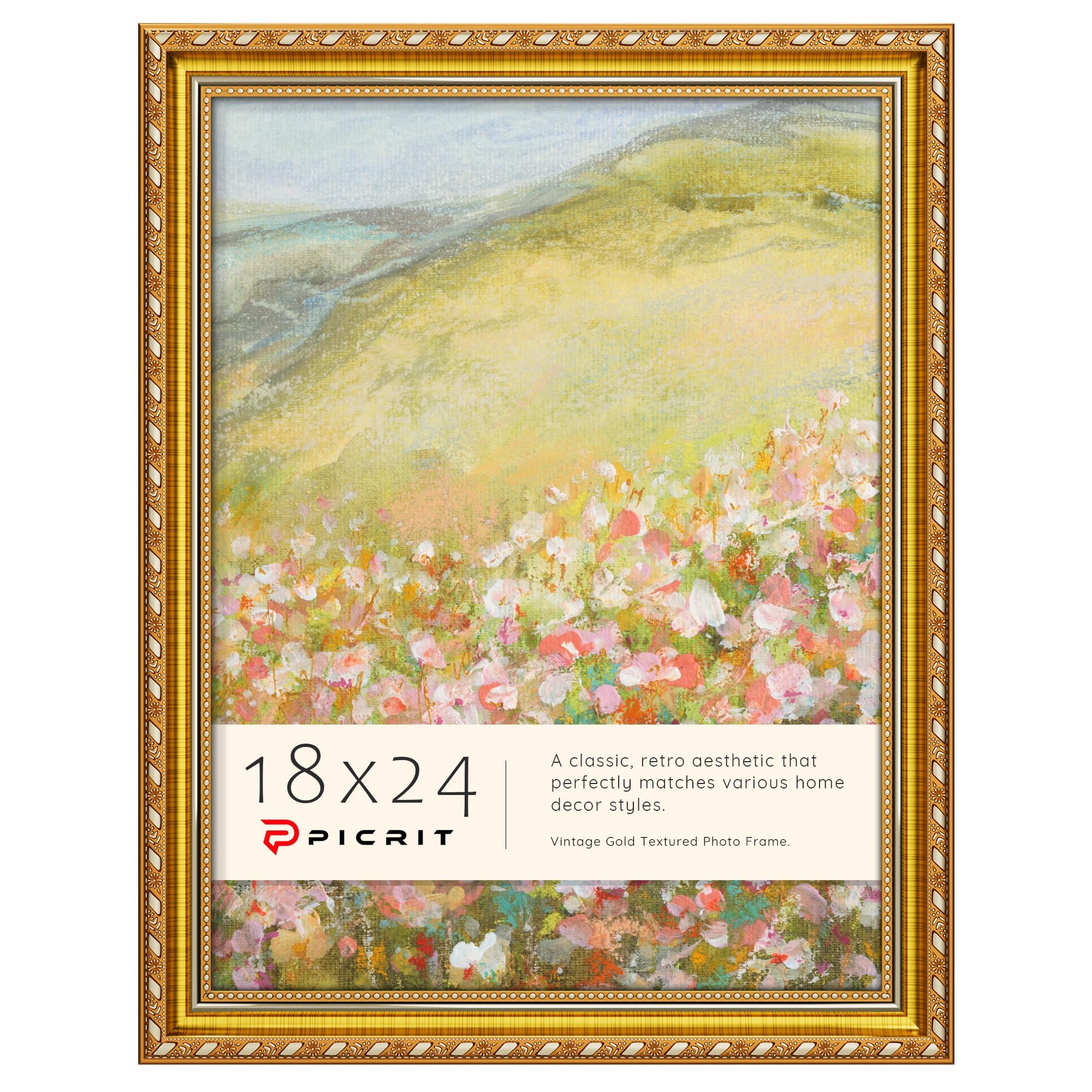 Picrit 18x24 Gold Poster Frame, Vintage Photo Frames with Black Backboard, Retro Ornate 18 x 24 Picture Frame for Horizontal or Vertical Wall Mounting, 1 Pack. Image