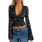 APRROOT Women's Lace Long Sleeve Tops Deep V Neck Bell Sleeve Y2K Crop Going Out Top Sexy Sheer Slim Fitted T Shirt