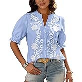 BTFBM Women's 2026 Spring Tops Casual Floral Boho V Neck Puff Short Sleeve Button Down Shirts Embroidered Blouses Tunic