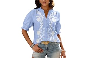 BTFBM Women's 2026 Summer Tops Casual Floral Boho V Neck Puff Short Sleeve Button Down Shirts Embroidered Blouses Tunic