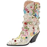 GPXGPX Western Cowboy Boots For Women Flower Embroidered Rhinestone Mid Calf Pointed Toe Chunky Heel Cowgirl Boots