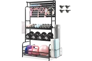 LAUREN HAROLD 63'' Taller Home Gym Storage, Large Yoga Mat Storage with Hanging Board, Exercise Workout Equipment Storage for Home Gym, All-in-One Dumbbell, Kettlebell, Resistance Band Rack with Wheels and Hooks