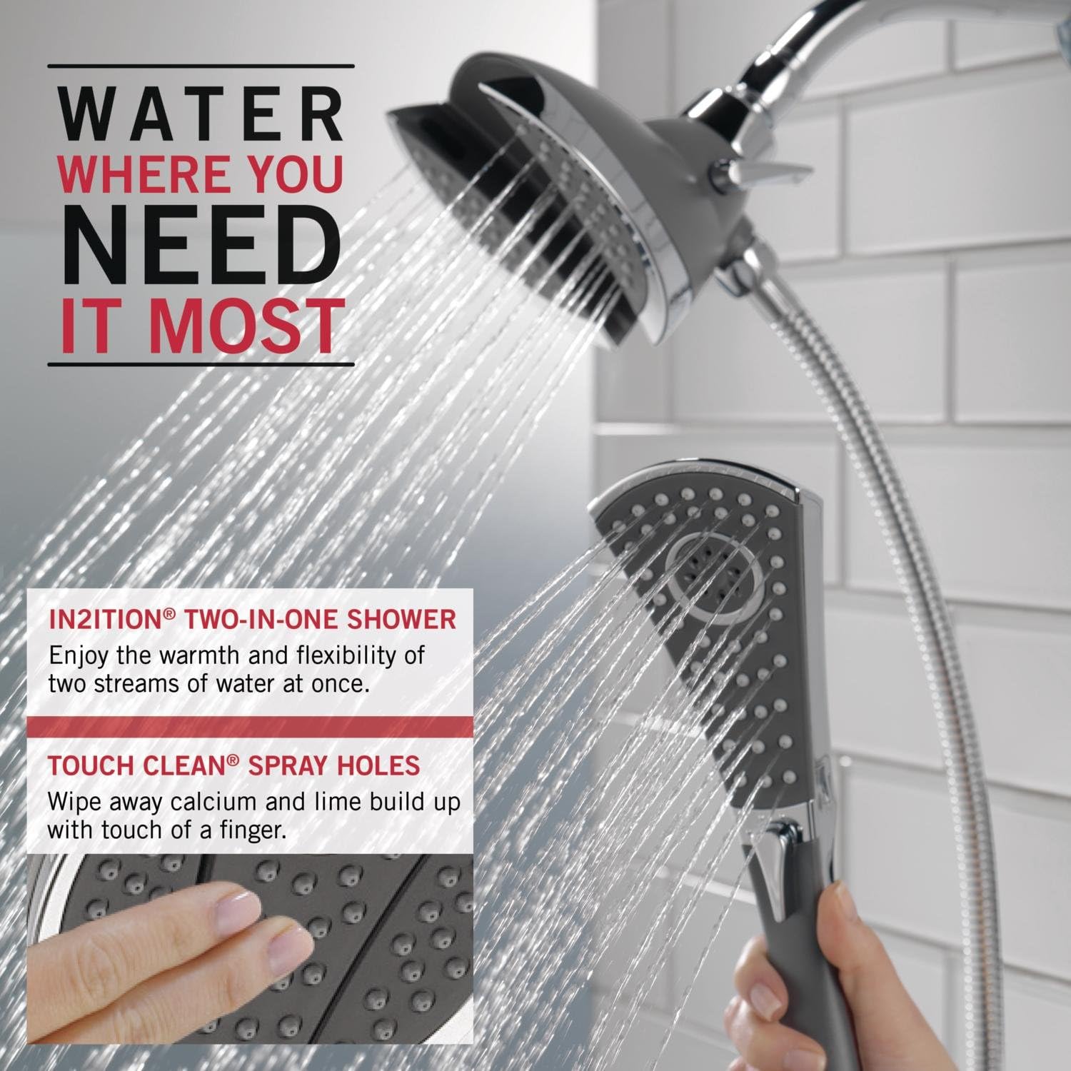 Delta Faucet 4-Spray In2ition 2-in-1 Dual Hand Held Shower Head with Hose, Chrome 58467 - Shower Arms And Slide Bars - 