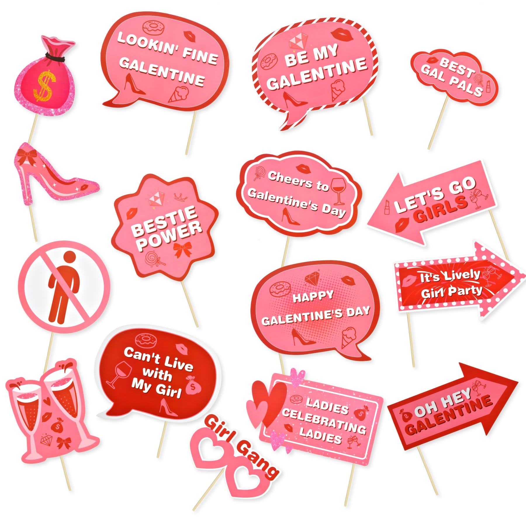 Photo 1 of 16Pcs Galentine's Day Photo Booth Props Kit,Funny Handheld Pink Party Accessories,Suitable for Valentine's Day Fellowship Party Decorations