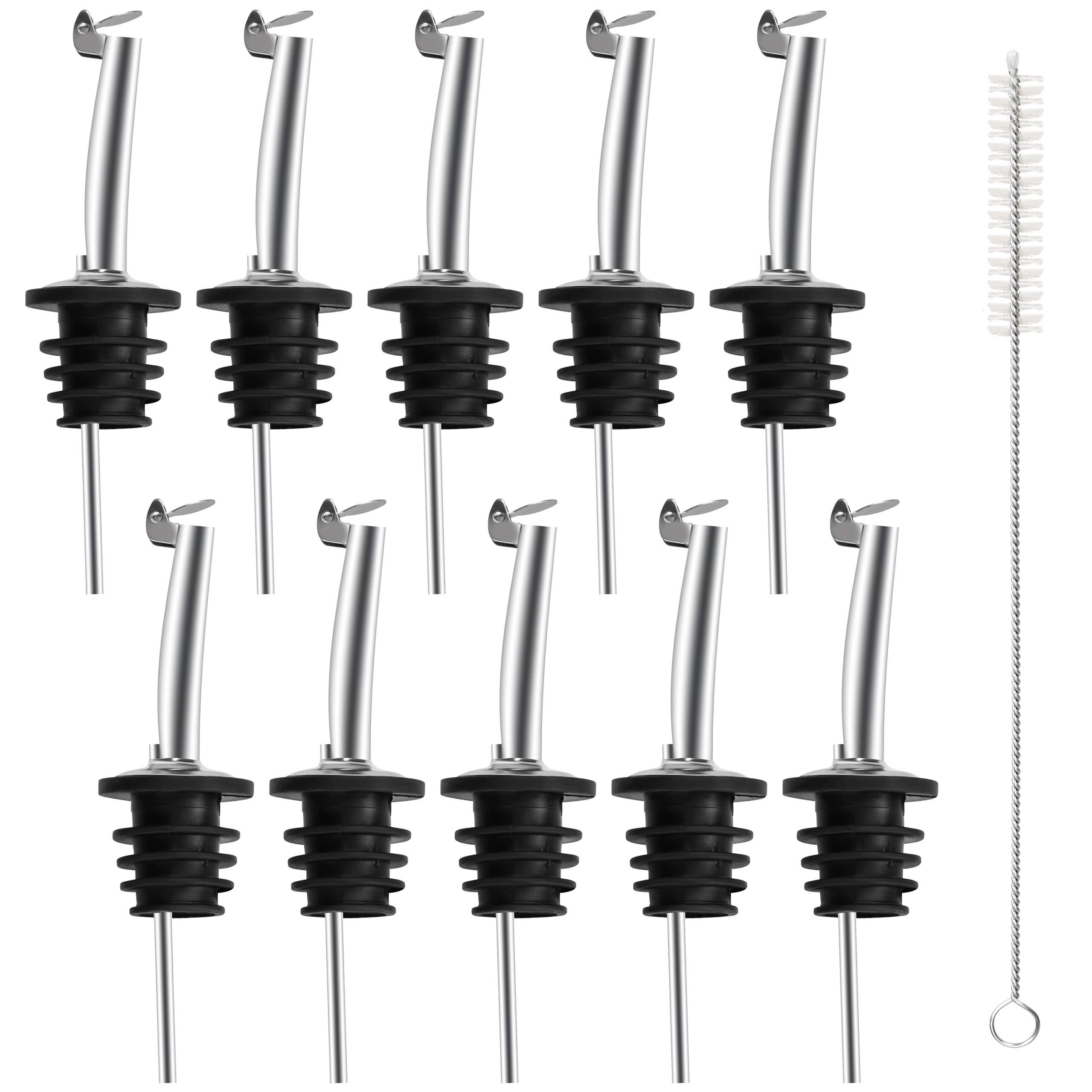 Incutex 10x Bottle Pourers and 1x Cleaning Brush, Pourer with Stainless Steel Lid, Drizzler, Oil Stopper, Bottle Spout, Spirits Wine Liqueur Vinegar Pourer