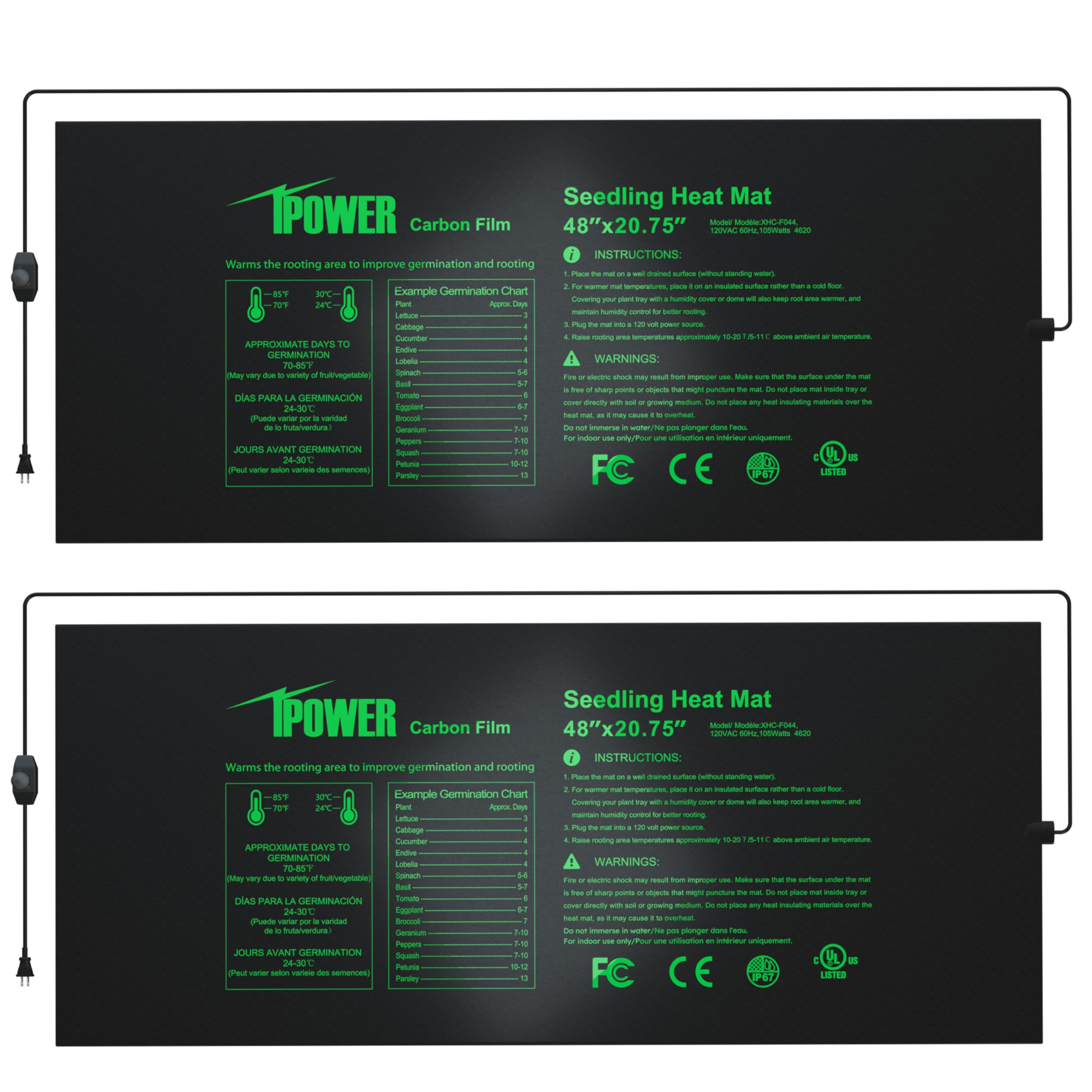 iPower 48" x 20.75" Seeding Heat Mat with Thermostat Temperature Adjustable Knob, 2 Pack Durable Warm Hydroponic Plant Germination Starting Pad Image