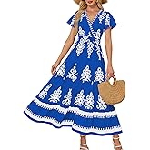 Simlakey Women Summer Casual Dress Boho Maxi Dress Flowy V Neck Aline Floral Bell Sleeve with Pocket Beach Vacation