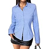 Gleeivy Striped Button Down Shirts for Women Dress Shirt Slim Fit Long Sleeve Casual Collared Work Blouse Y2K Fall Outfits
