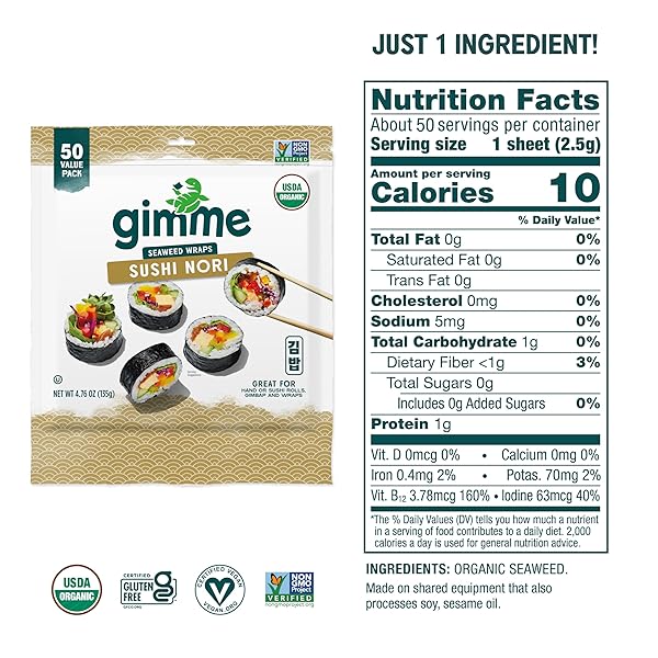 GIMME SEAWEED SUSHI NORI PREMIUM ORGANIC ROASTED SEAWEED 50 SHEETS IN RESEALABLE CONTAINER, KETO, VEGAN, GLUTEN-FREE, RESTAURANT-STYLE SUSHI NORI SHEETS 50 COUNT (PACK OF 1)