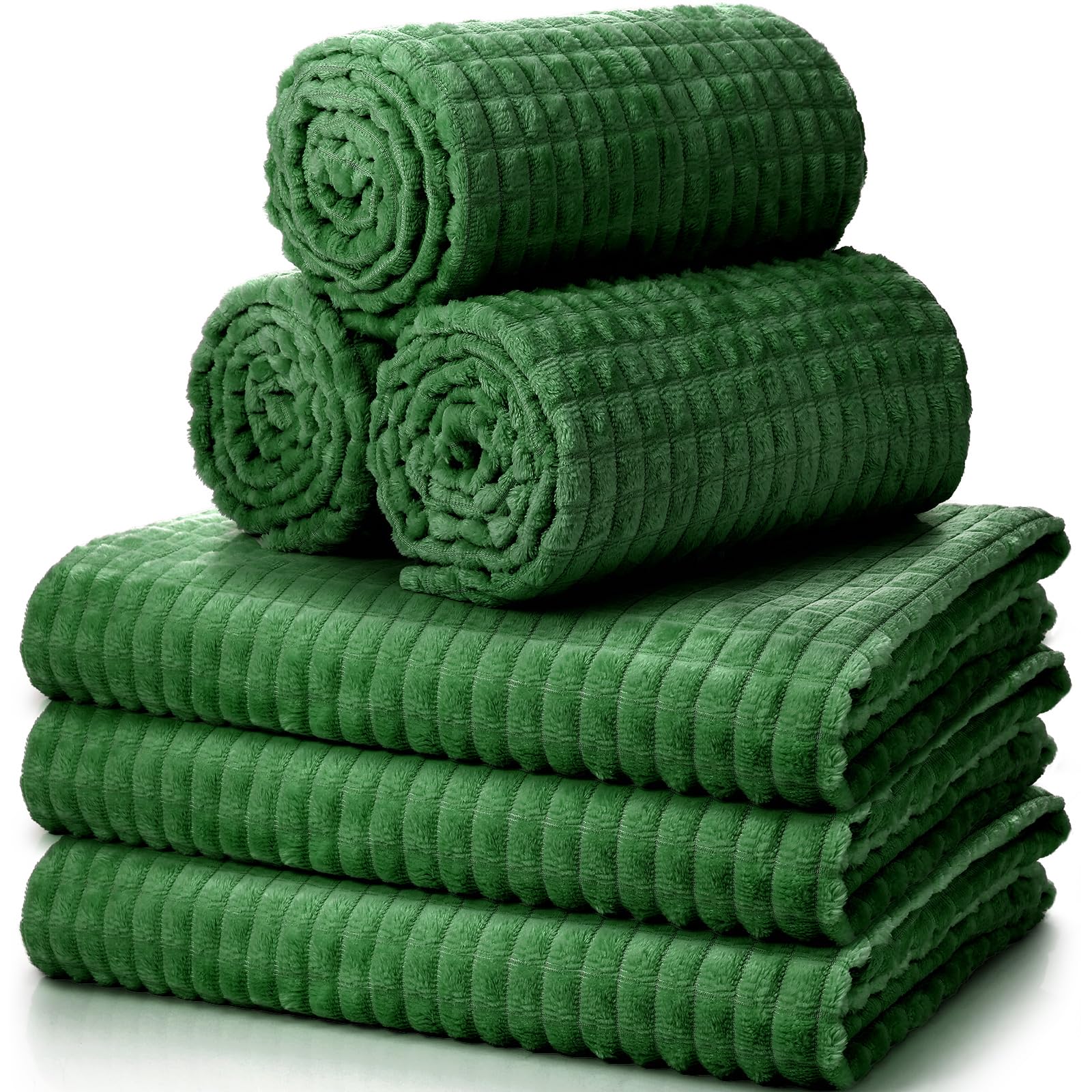 Photo 1 of Buryeah 6 Pcs Flannel Fleece Throw Blanket Bulk 50 x 60 Inch Wedding Throw Blanket 3D Jacquard Grid Design Soft for Couch Sofa Chair Donation Homeless Gift (Dark Green)