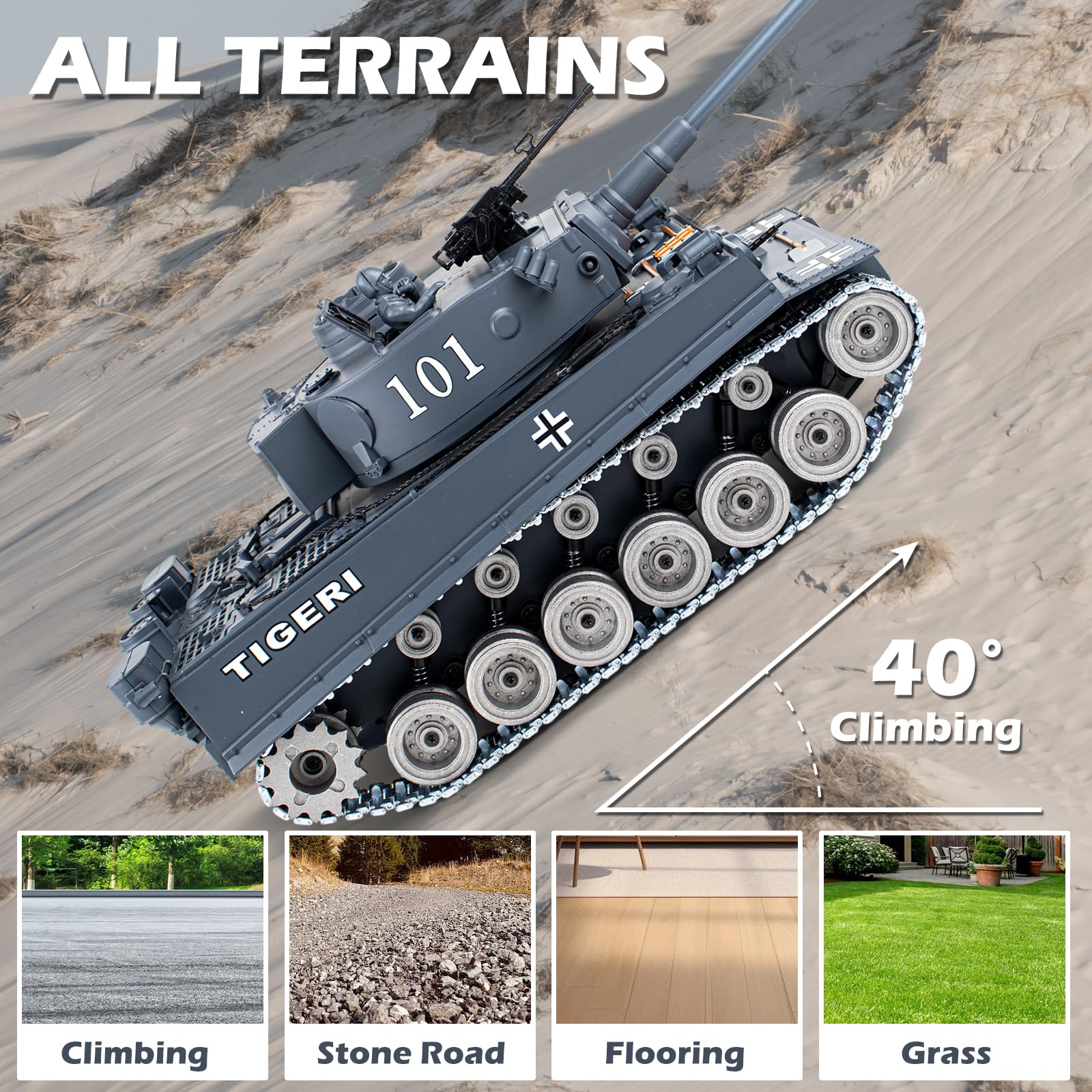 Supdex RC Tank, 1:18 Alloy Metal German Tiger I Remote Control Army Model Toys, 2.4Ghz RC Vehicle with Smoke, Sound and Lights, Military Tank That Shoots BBS and Water Bombs for Adults and Kids