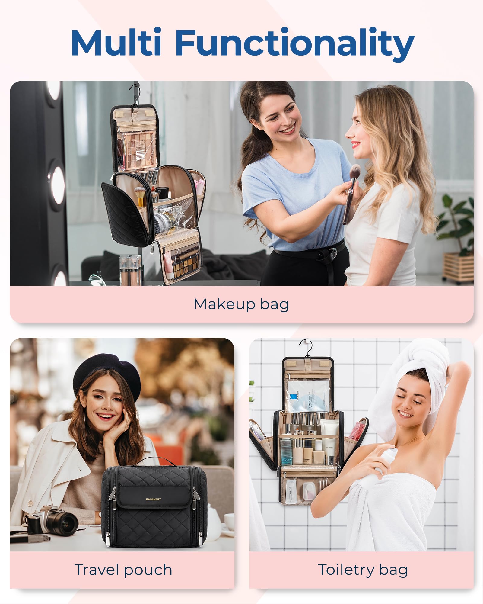 BAGSMART Makeup Bag for Women with Hanging Hook - Portable Cosmetic Case, Large Capacity Door Room Essentials Travel Organizer for Full Sized Cosmetics and Toiletries, Black