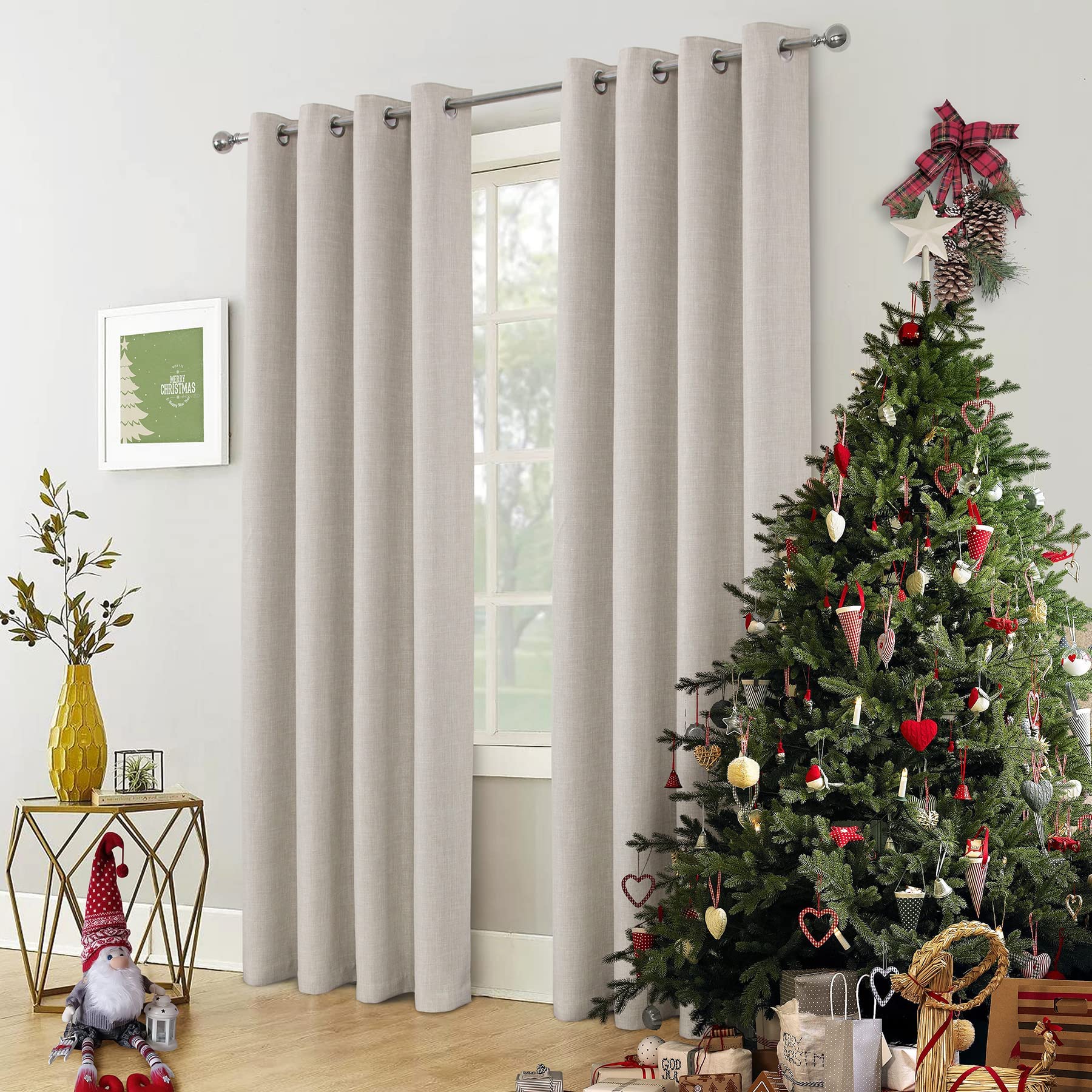 always4u Linen Look 100% Blackout Eyelet Curtains Thermal Energe Saving for Bedroom 1 Pair Noise Reducing Solid Modern Window Treatment for Home Decoration Natural W46*L54