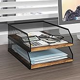 Natwind 2-Tier Stackable Paper Tray, Metal Mesh Desktop Organizer, Wood Board Paper Sorter, Letter Trays,File Document Storag