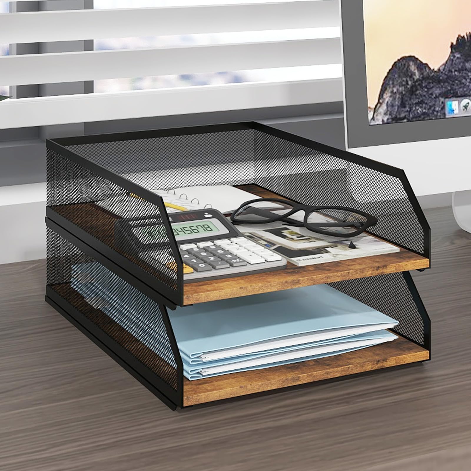 Photo 1 of Natwind 2-Tier Stackable Paper Tray, Metal Mesh Desktop Organizer, Wood Board Paper Sorter, Letter Trays,File Document Storage Rack for for Home, Office, School (Retro)
