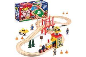 Wooden Train Set Toddler Toys - 38 Pcs Wood Train Track Set for Toddlers 3-4 Years with Crane, Bridge & Accessories - Compati