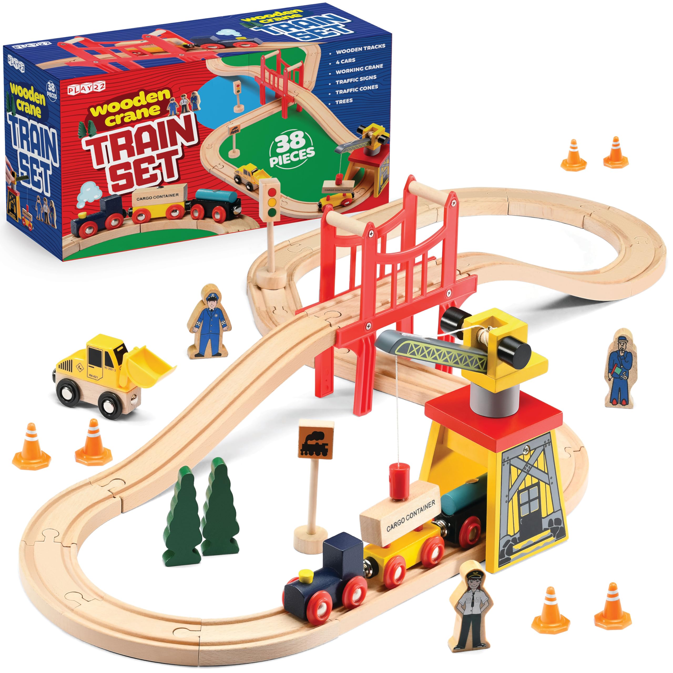 Photo 1 of Play22 Wooden Train Set Toddler Toys - 38 Pieces Wood Train Track Set for Toddlers 3-4 Years with Crane, Bridge & Accessories
