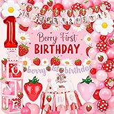 Kriyokiaa Berry First Birthday Decor Strawberry 1st Birthday Decorations for Girls with Balloon Arch, Highchair Banner Strawberry Theme Backdrop, Photo Banner, Cake Topper