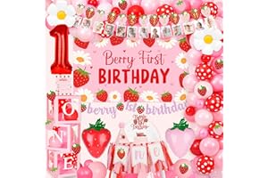 Kriyokiaa Berry First Birthday Decor Strawberry 1st Birthday Decorations for Girls with Balloon Arch, Highchair Banner Strawberry Theme Backdrop, Photo Banner, Cake Topper